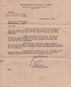Letter & Papers Relating to Sale of Tarnagulla Powder Magazine, 1952