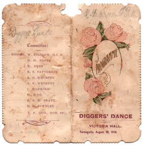 Programme of Dance Card for Diggers' Dance, Tarnagulla, 1919