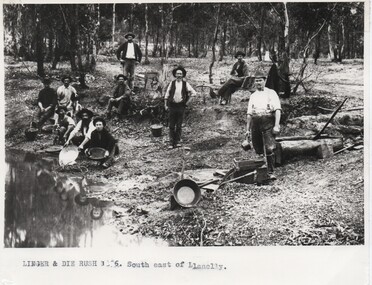 Photograph of a group of miners at the Linger and Die Rush, Llanelly, 1896