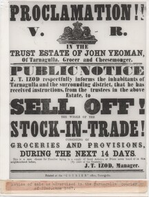 Photograph of newspaper extract from Tarnagulla Courier of 22 June 1867 for sale of Estate of John Yeoman