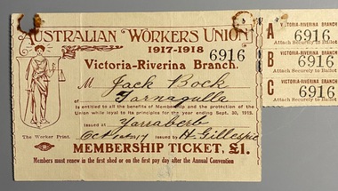 Australian Workers Union Membership Ticket issued to Jack Bock, 1917-1918