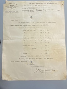 Letter from J. Kennon and Sons to T. Ison regarding prices for animal skins, 1906