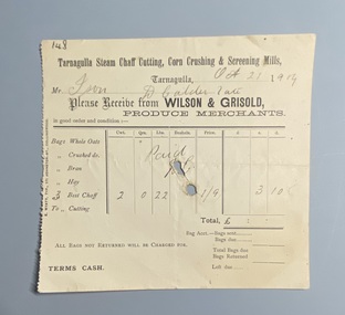 Invoice D. Calder late Wilson and Grisold to Ison, for Chaff. 1907