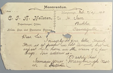 Letter from C. Hollsten, Paperhanger and Painter of Maryborough, to H. Ison, 1908
