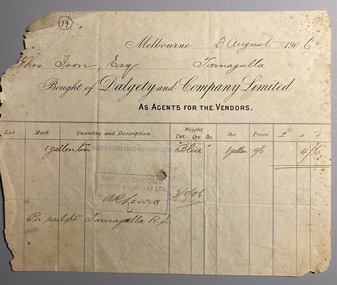 Invoice from Dalgety and Co to T. Ison for sheep branding liquid, 1906