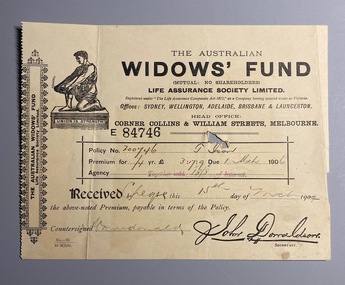 Premium paid to Widows' Fund Life Assurance by T. Ison, 1906