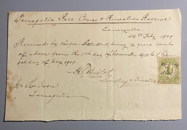 Receipt from Tarnagulla Race Course Trustees for rent, to T. Ison, 1909