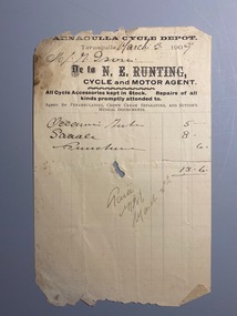 Invoice Edward Runting to T. Ison for bicycle repairs, 1909