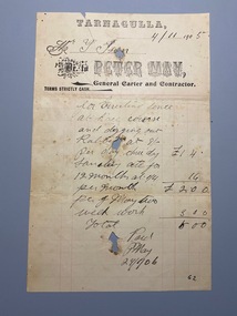 Invoice from Peter May to T. Ison for fencing at the Tarnagulla Race Course and digging out rabbits, also nightsoil collection, 1905
