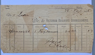 Invoice Victorian Railways to T. Ison for delivery of one keg