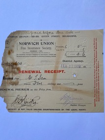 Invoice Norwich Union Fire Insurance to T. Ison, 1909