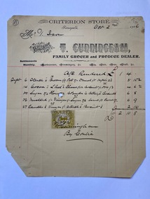 Invoice from T. Cunningham, Criterion Store Tarnagulla, to T. Ison for grocery items, 1906