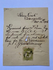 Receipt from JM Williams of Stony Creek, Tarnagulla, to T. Ison for sale of cow, 1906