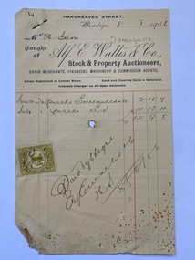 Invoice from Alf. Wallis, Bendigo, to T. Ison for auction purchases, 1906