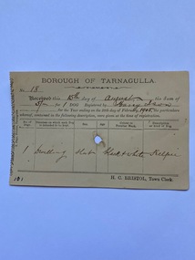 Receipt from Borough of Tarnagulla for Dog Licence to T. Ison, 1905