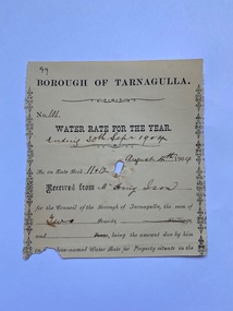 Receipt from Borough of Tarnagulla for Water Rates, to T. Ison, 1904