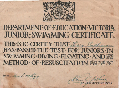 Junior Swimming Certificate for Harry Castleman, 1928