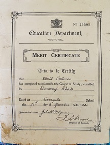 Merit Certificate for Harold Castleman, Tarnagulla, 1931