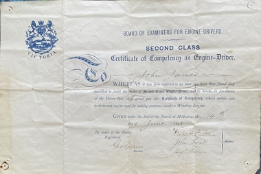 Engine Driver's Certificate for John James, 1898