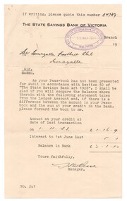 Letter from State Savings Bank re Tarnagulla Football Club, 1954