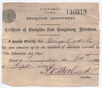 Exemption Certificate for George Radnell, Education Dept., 1903