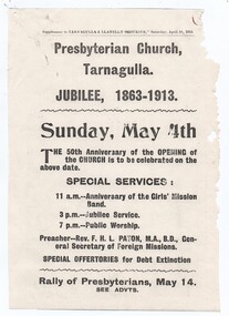 Leaflet Presbyterian Church Jubilee, 1913