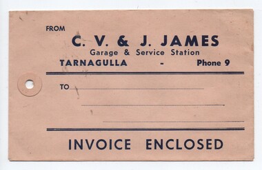 Invoice Envelope, C.V. and J. James, Garage, Tarnagulla