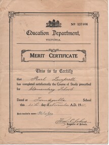 Merit Certificate for Pearl Lamprell, Tarnagulla, 1927