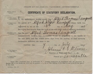 Stat. Dec., Alfred Thomas Lamprell, re. vaccination