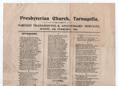 Presbyterian Church, Tarnagulla, Hymn Sheet, Anniversary Service, 1906