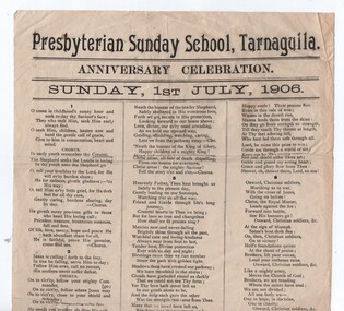 Presbyterian Church Sunday School, Tarnagulla, Hymn Sheet, Anniversary Service, 1906