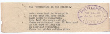 Back to Tarrnagulla 1931, slip of paper with sentimental song words