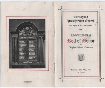 Booklet, Tarnagulla Presbyterian Church, Unveiling of Role of Honour, 1921