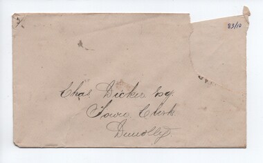 Envelope J. Cheetham to Charles Dicker - Town Clerk, Dunolly, 1885