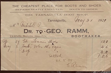 Five Invoices,  George Ramm to Stan Mitchell, 1929, 1928, 1934, 1937, 1938