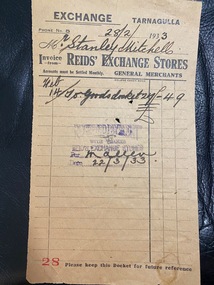 Invoice Reid's Exchange Stores, Tarnagulla to Stan Mitchell, 1933