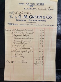 A series of Invoices  G.M. Green, Post Office Store, Llanelly,  to Stan Mitchell, 1926-1933
