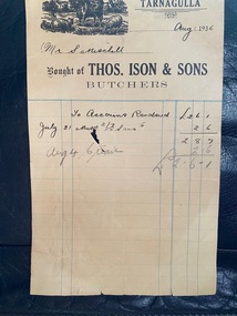 Two Invoices, Thomas Ison and Sons, Butchers, Tarnagulla, to S. Mitchell, 1936 and 1939