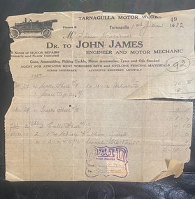 Four Invoices John James, Tarnagulla Motor Works, to Stan Mitchell, 1928 to 1934