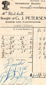 Receipt GJ Petersen, Newbridge Bakery, to Stan Mitchell, 1928