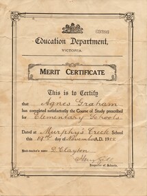Merit Certificate for Agnes Graham from Murphy's Creek School, 1918