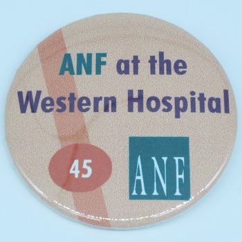 Circular orange badge with blue writing and logo printed with ANF at the Western Hospital the number 45