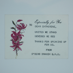 Card from Queensland Nurses Union (Bundaberg Branch) to Catherine Hutchings, visiting Victorian nurses union staff member, 1993