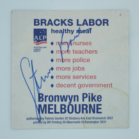 Victorian 2002 state election campaign coaster signed by Steve Bracks, BR Printing, 2002