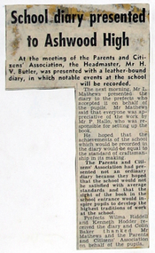 Newspaper Cutting, School Diary Presented to Ashwood High, Mid to Late Sep 1959