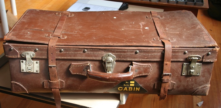 Solid leather overland trunk manufactured by Holden and Frost