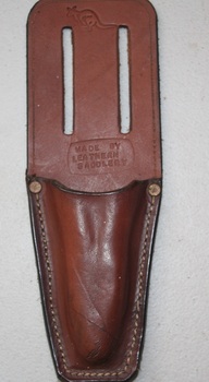 Brown leather belt mount folding knife holder manufactured by Holden and Frost