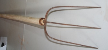 Three pronged steel pitch fork with wooden handle