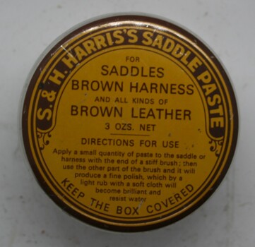 Tin container holding paste for leather dressing Made by S & H Harris, Essex UK