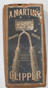 Cardboard box containing equine clippers used  C1900  in the grooming of horses